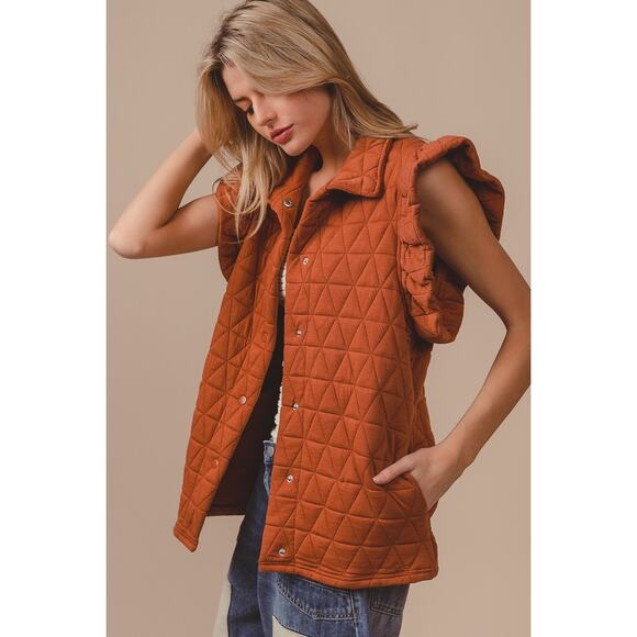BiBi Diamond Print Ruffle Sleeves Pocket Oversized Quilted Vest Jacket | Rust - Picture 5 of 7